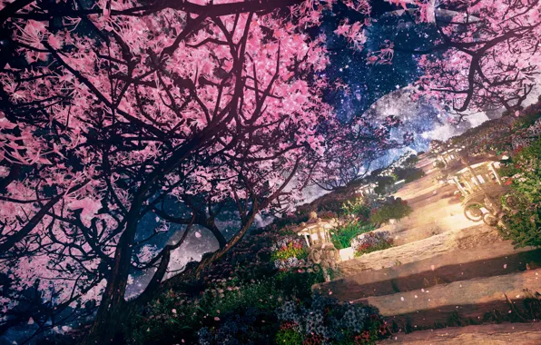 Night, spring, garden, Sakura, steps, neo, by K&P
