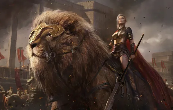 Picture Fantasy, Warrior, Female, Lion, Army