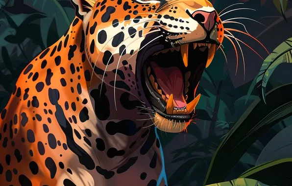 Picture Leaves, Jaguar, Mouth, Fangs, Face, Predator, Art, Front