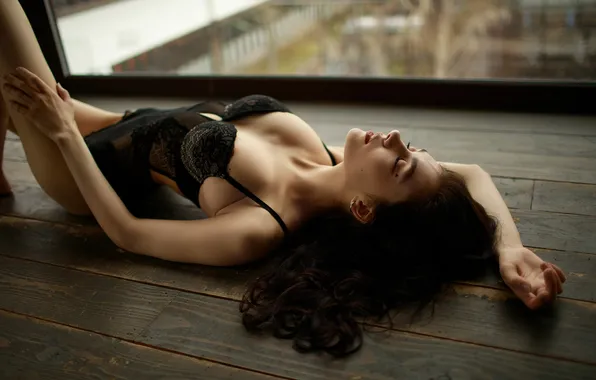Girl, ass, bodysuit, model, window, brunette, hips, red lipstick