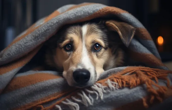 Look, pose, the dark background, portrait, dog, lies, plaid, face