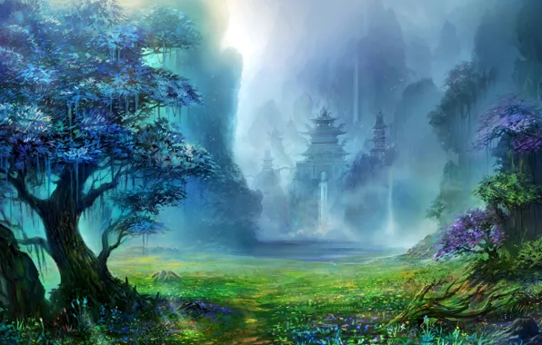 Grass, mountains, Forest, temple, waterfalls