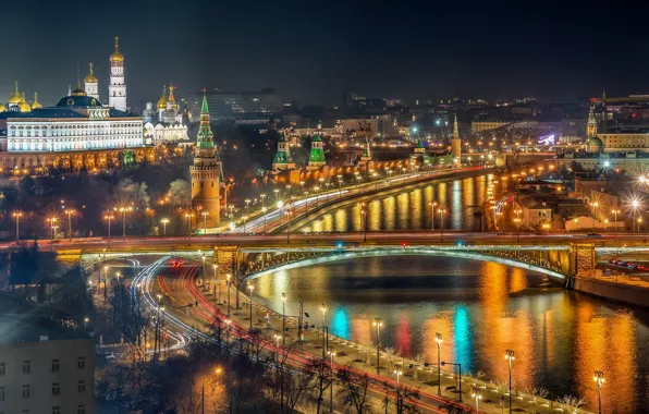 Road, bridge, river, lights, Moscow, The Kremlin, Russia, night city
