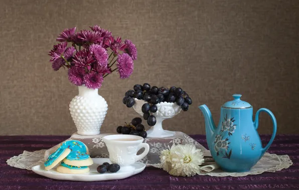 Flowers, coffee, cookies, grapes, still life, chrysanthemum