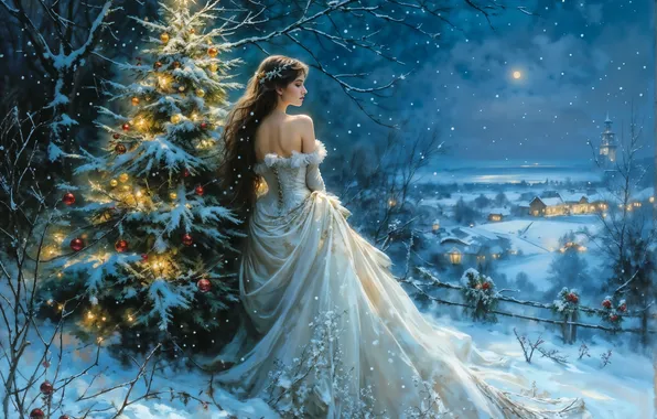 Winter, girl, snow, decoration, new year, Christmas, spruce, lights