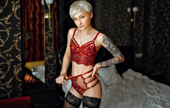 Girl, pose, haircut, panties, stockings, figure, tattoo, blonde