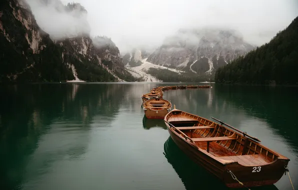 Forest, clouds, trees, mountains, lake, rocks, boats, Italy