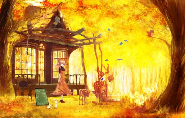 Tale, protein, well, girl, rabbits, birds, deer, veranda
