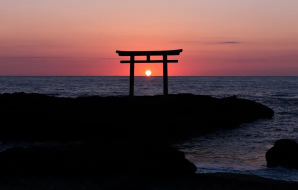 The sky, the sun, sunset, the ocean, rocks, coast, the evening, Japan