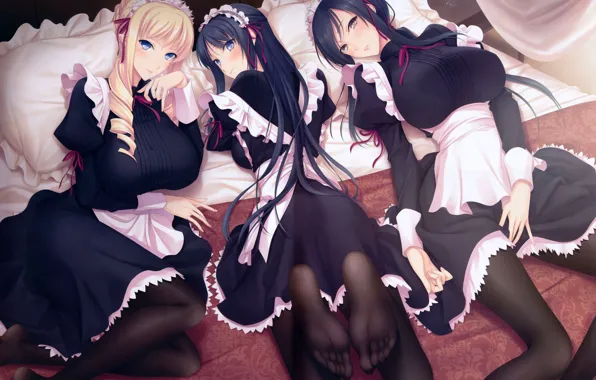 Picture look, pose, girls, bed, smile, art, walkure romanze, maids