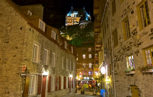 Night, lights, street, home, Canada, QC, the château Frontenac
