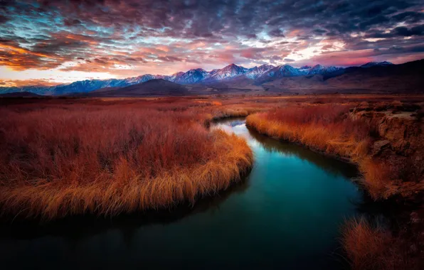 Mountains, river, dawn, california, sunrise, Owens River, Owens River Valley, Mt. Whitney