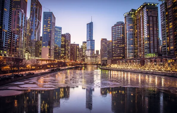 Ice, winter, the city, lights, river, skyscrapers, the evening, Chicago