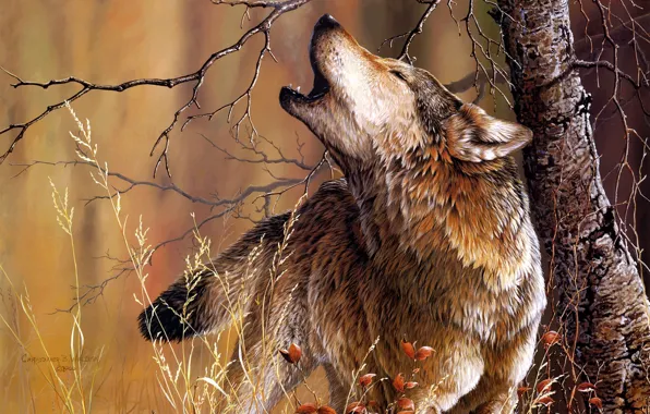 Trees, wolf, art, Christoper B. Walden