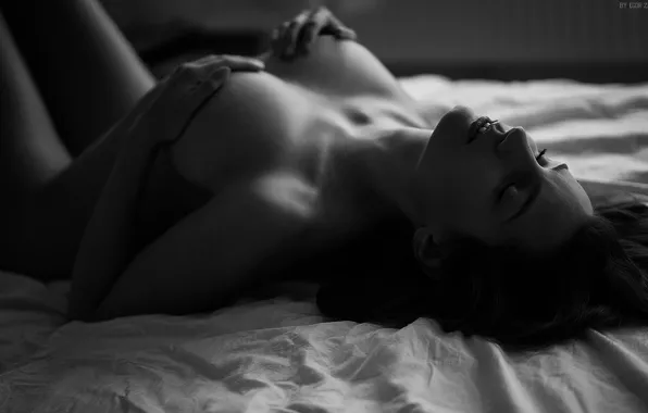 Chest, girl, pose, background, brunette, dark, lies, touch