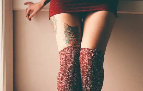 Picture cat, girl, skirt, tattoo, socks, legs