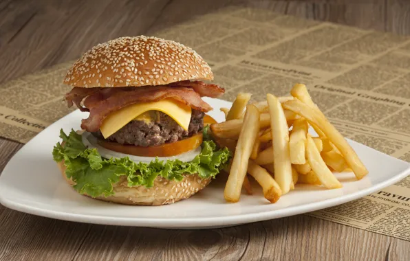 Meat, hamburger, bun, salad, French fries