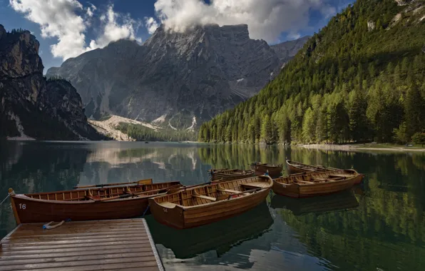 Forest, mountains, lake, Marina, boats, Italy, Italy, The Dolomites