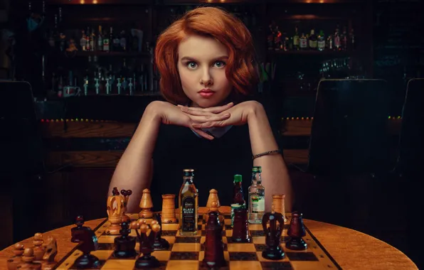 Look, girl, face, hands, chess, red, redhead, bottle
