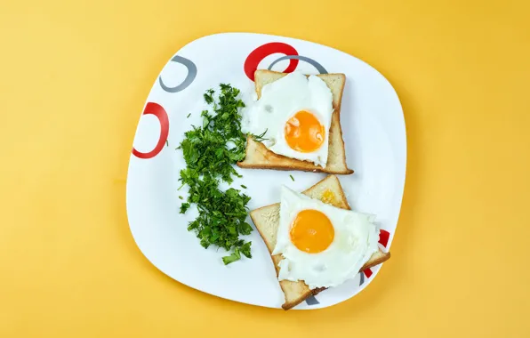 Greens, plate, bread, scrambled eggs, toast