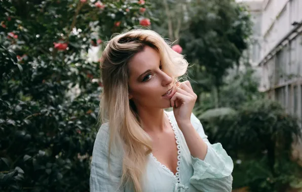 Picture look, trees, pose, portrait, makeup, dress, hairstyle, yard