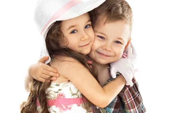 Children, mood, boy, hugs, friendship, girl, hat, smile