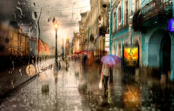 Girl, drops, umbrella, Saint Petersburg, the beginning of the autumn rains