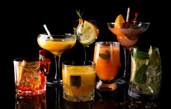 Ice, lemon, orange, Cocktail, glasses, juice, drinks, slices