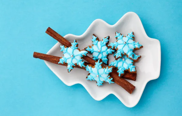 Snowflakes, sticks, cookies, cinnamon, glaze, Christmas