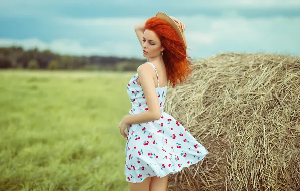 Field, summer, girl, pose, dress, hay, red, hat