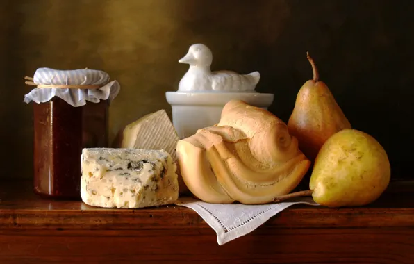 Cheese, still life, pear, jam