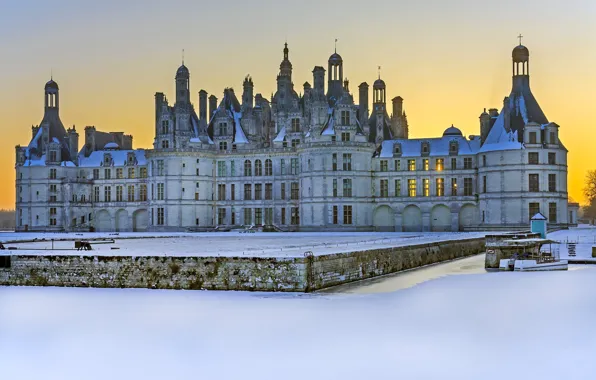 Winter, snow, castle, glow, Loir-et-cher, Chambord