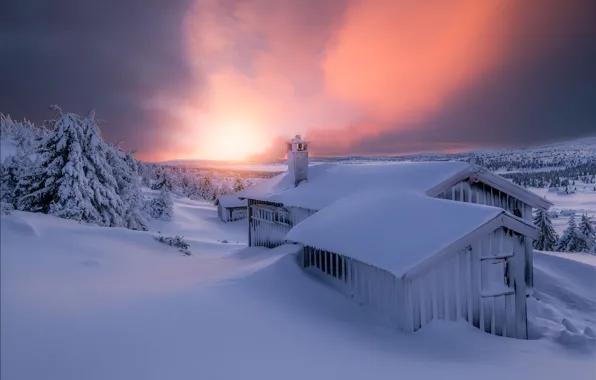 Winter, the sky, light, snow, the evening, house