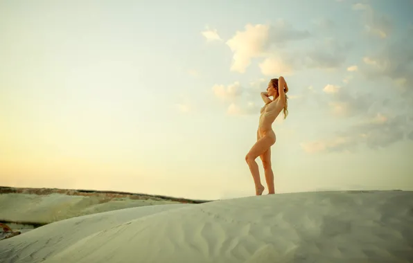 Sand, chest, the sky, landscape, pose, model, naked, body