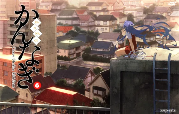 Picture roof, home, ladder, rod, blue hair, art, nagi, goddess