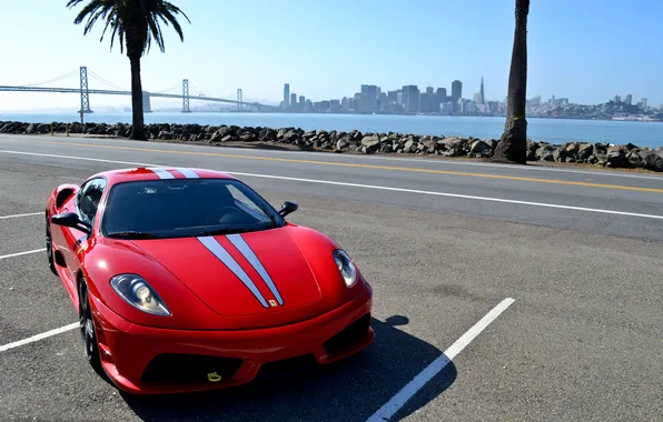 F430, Ferrari, red, sexy, skyline, sky, Scuderia, San Francisco