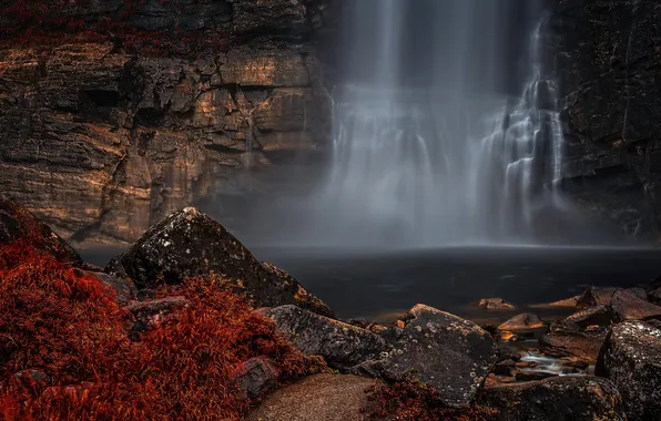 Autumn, forest, landscape, nature, stones, waterfall