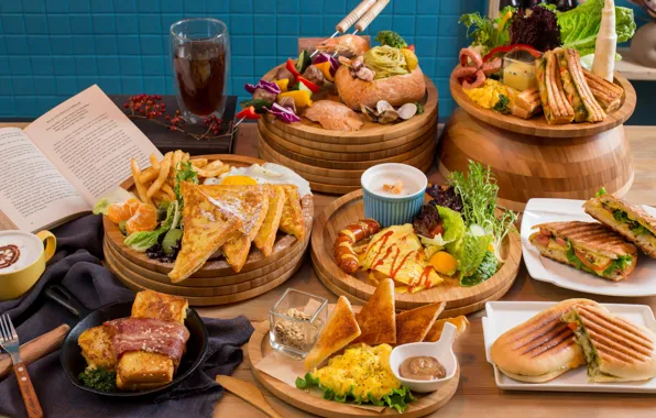 Coffee, meat, book, sandwich, salad, toast, meals, cuts