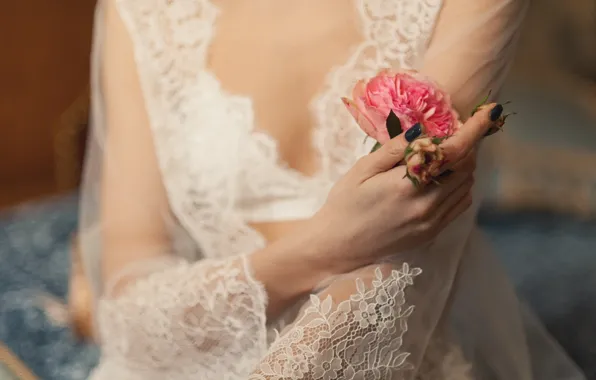 Flowers, rose, hands, the bride