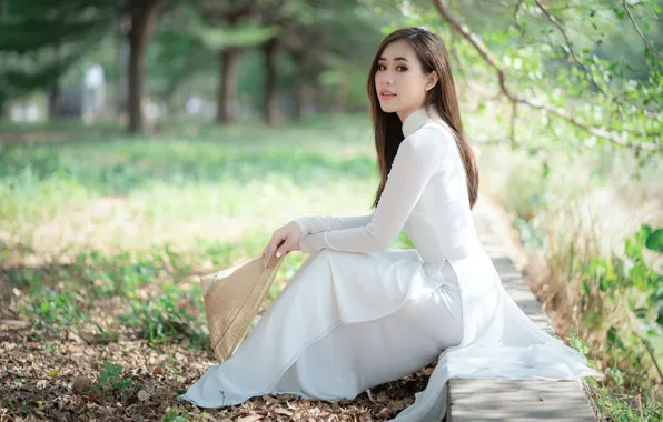 Picture girl, nature, hat, Asian, sitting, white dress