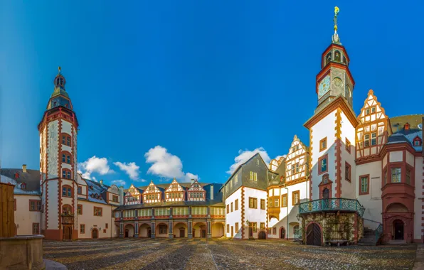 The sky, the sun, clouds, castle, tower, Germany, yard, Weilburg Castle