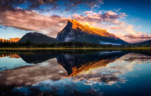 The sky, clouds, light, reflection, mountains, river