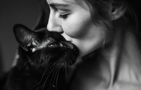 Cat, cat, girl, love, pose, black, woman, kiss