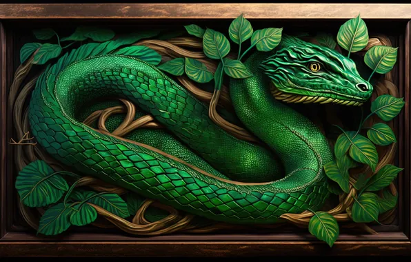 Look, leaves, green, snake, frame, fantasy, snakes, AI art