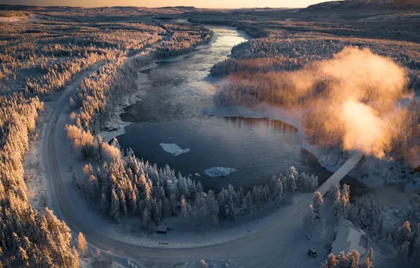Picture winter, road, forest, river, dawn, morning, Sweden, Sweden