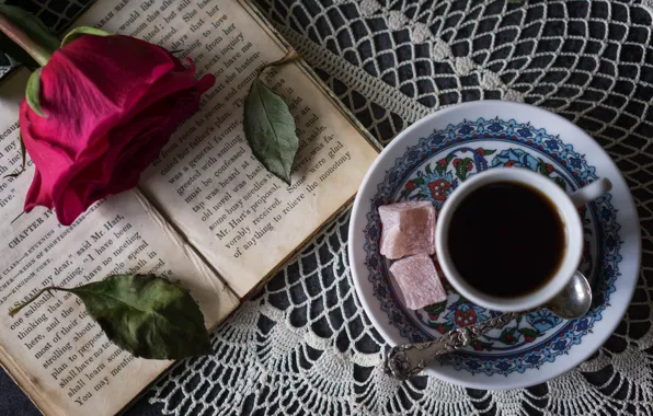 Picture rose, coffee, sweets, book