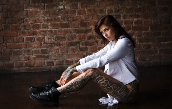 Picture look, girl, pose, feet, tattoo, on the floor, ankle boots, Max Trifonof