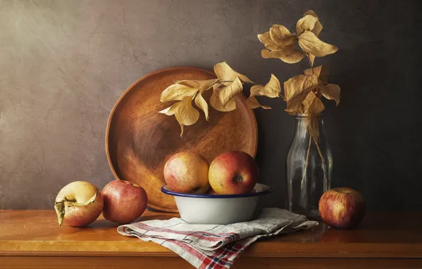Leaves, branches, table, apples, bottle, towel, bouquet, dry