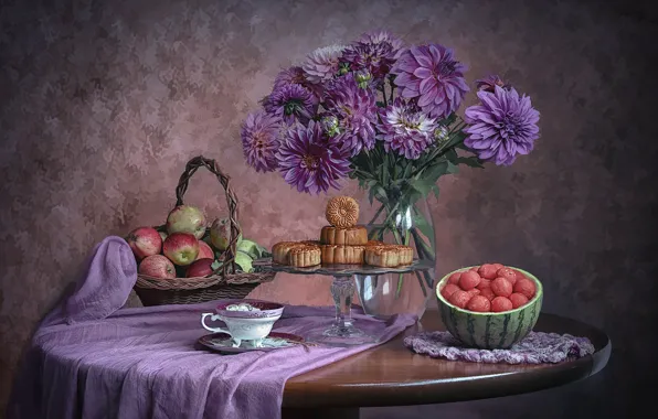 Glass, flowers, table, round, apples, bouquet, watermelon, cookies