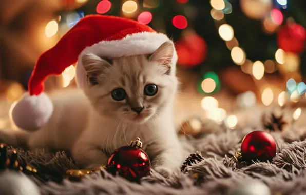 Cat, white, look, balls, pose, kitty, the game, Christmas